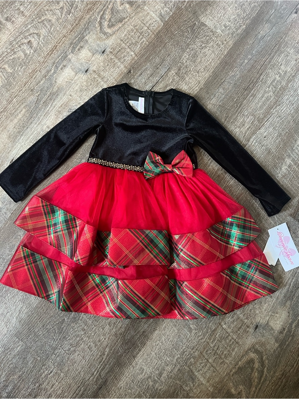 Bonnie Jean Long Sleeve Velvet to Tiered Plaid Dress-Size 3T